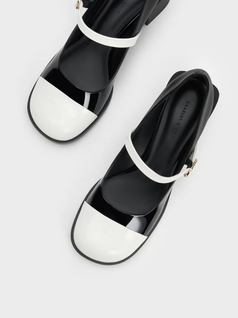 Charles And Keith Patent Crystal-Embellished Buckle Two-Tone Mary Jane Shoes Black | PHILIPPINES H924