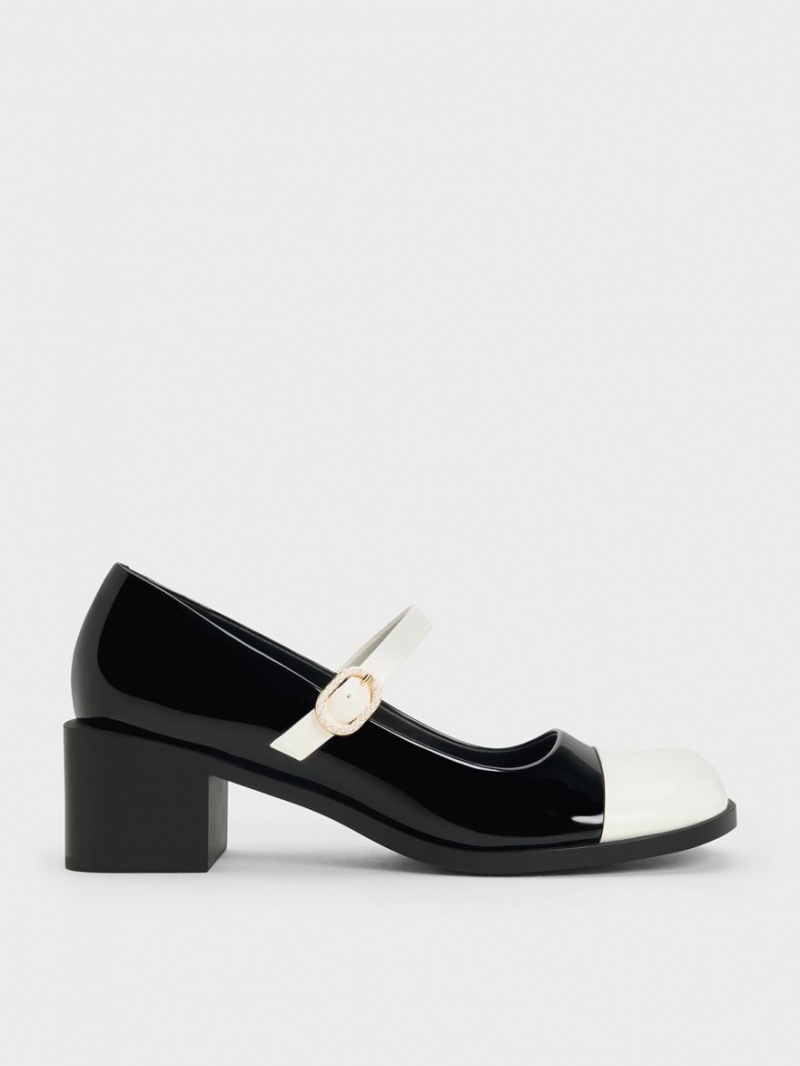 Charles And Keith Patent Crystal-Embellished Buckle Two-Tone Mary Jane Shoes Black | PHILIPPINES H924