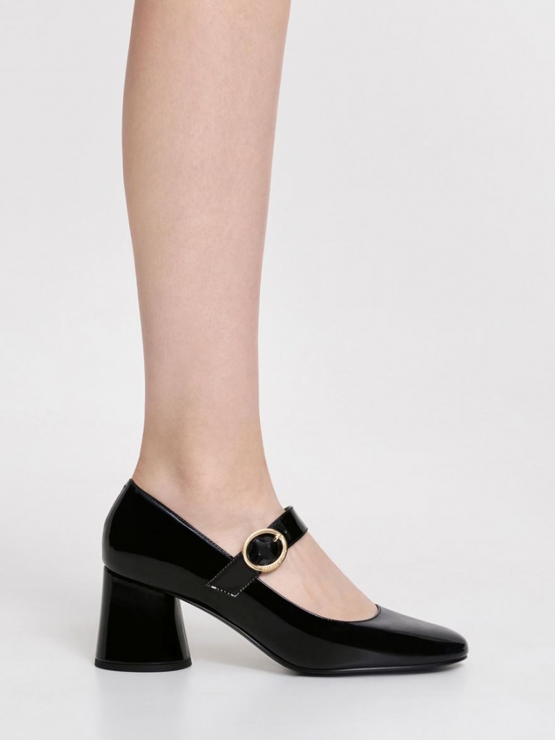 Charles And Keith Patent Cylindrical Block Heel Mary Jane Shoes Black | PHILIPPINES U498