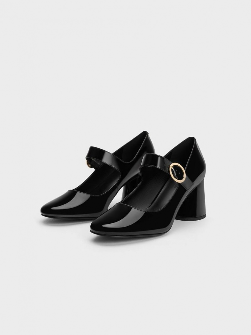 Charles And Keith Patent Cylindrical Block Heel Mary Jane Shoes Black | PHILIPPINES U498