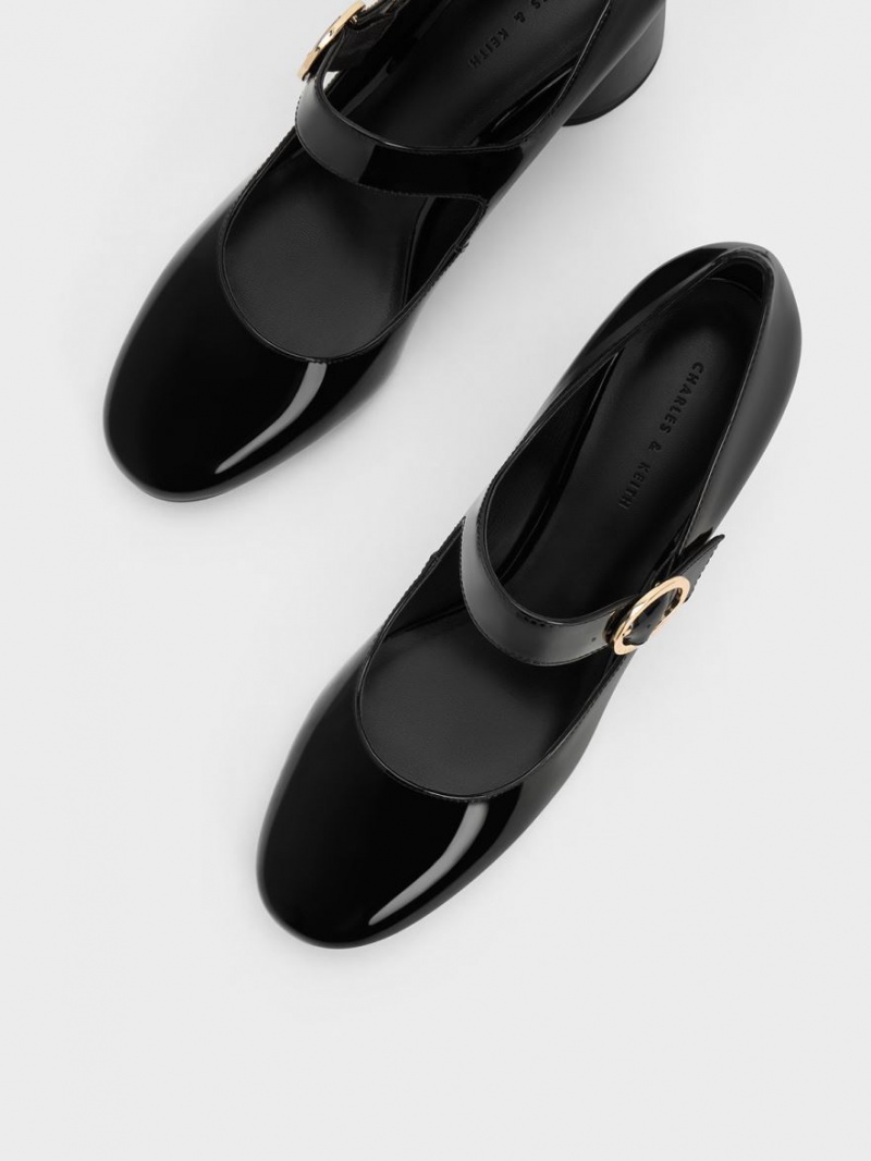 Charles And Keith Patent Cylindrical Block Heel Mary Jane Shoes Black | PHILIPPINES U498