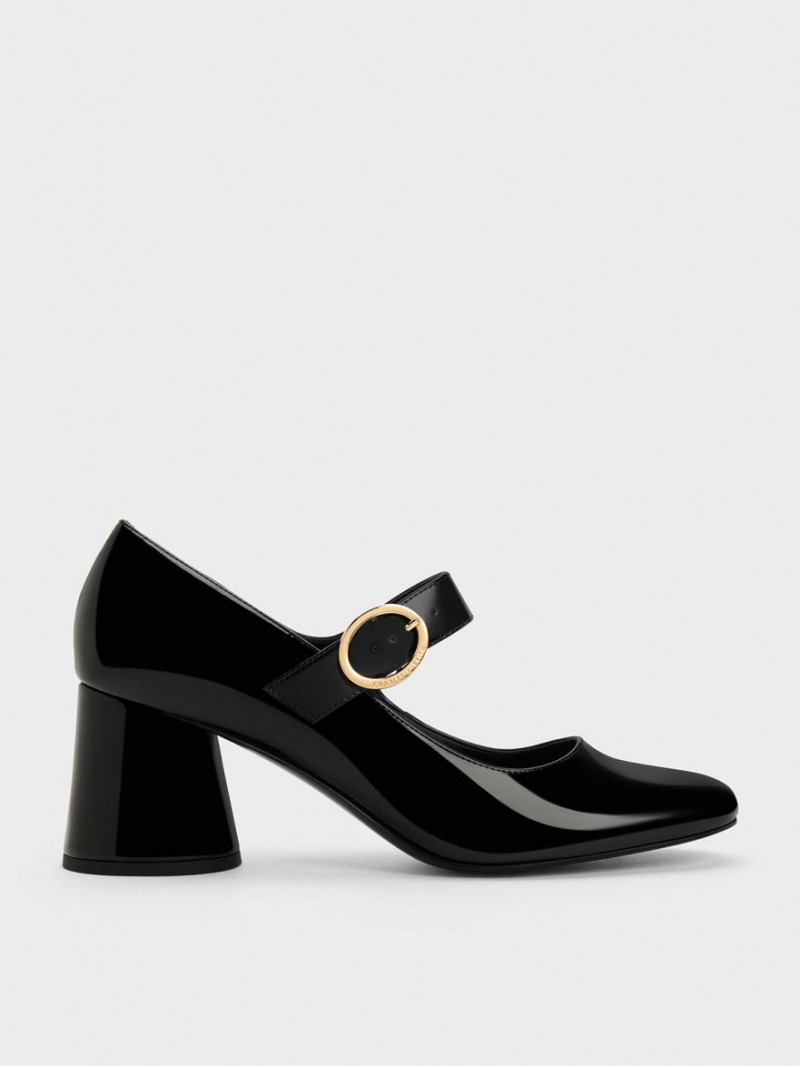 Charles And Keith Patent Cylindrical Block Heel Mary Jane Shoes Black | PHILIPPINES U498