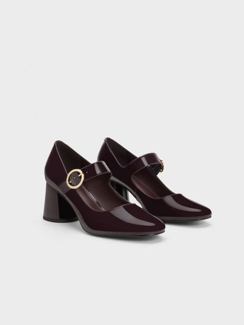 Charles And Keith Patent Cylindrical Block Heel Mary Jane Shoes Burgundy | PHILIPPINES E174