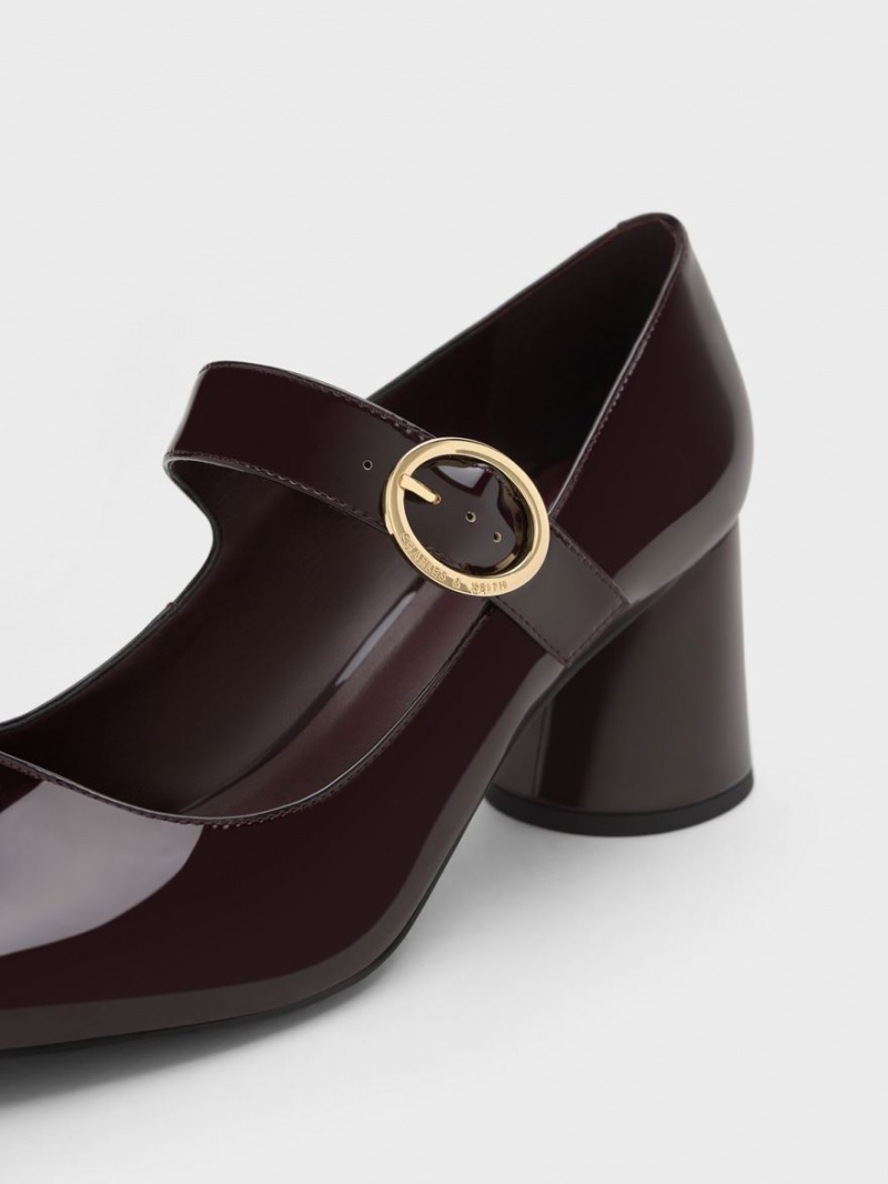 Charles And Keith Patent Cylindrical Block Heel Mary Jane Shoes Burgundy | PHILIPPINES E174