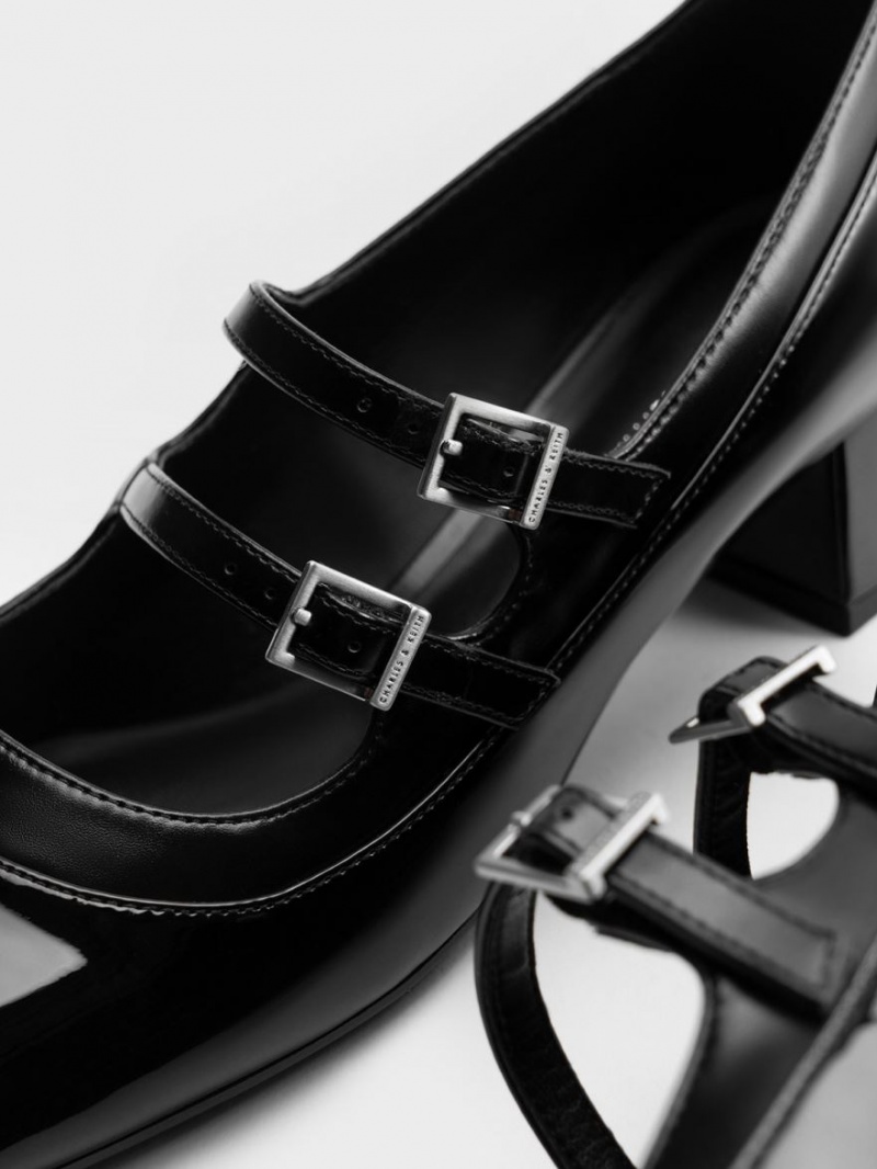 Charles And Keith Patent Double Buckle Mary Jane Shoes Black | PHILIPPINES X248