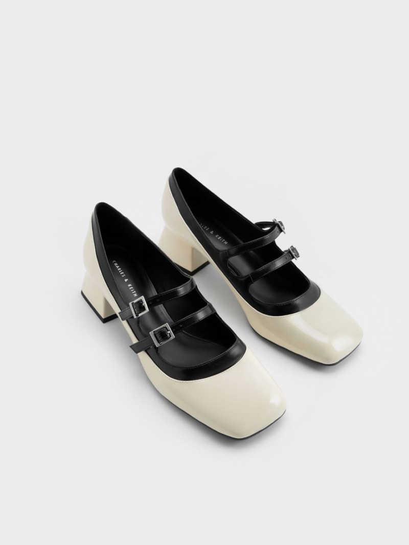 Charles And Keith Patent Double Buckle Two-Tone Mary Jane Shoes White | PHILIPPINES G045