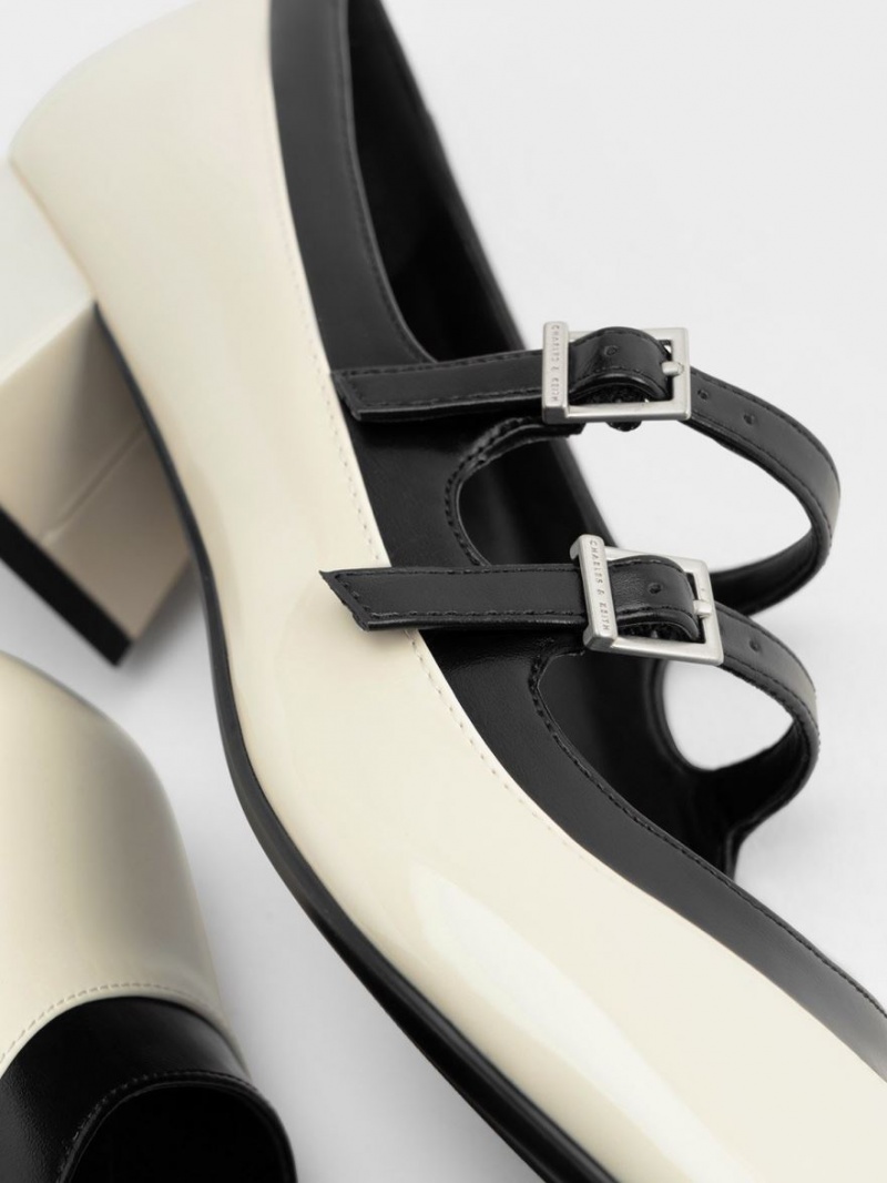 Charles And Keith Patent Double Buckle Two-Tone Mary Jane Shoes White | PHILIPPINES G045