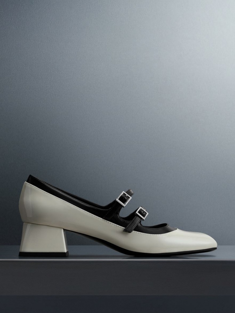 Charles And Keith Patent Double Buckle Two-Tone Mary Jane Shoes White | PHILIPPINES G045