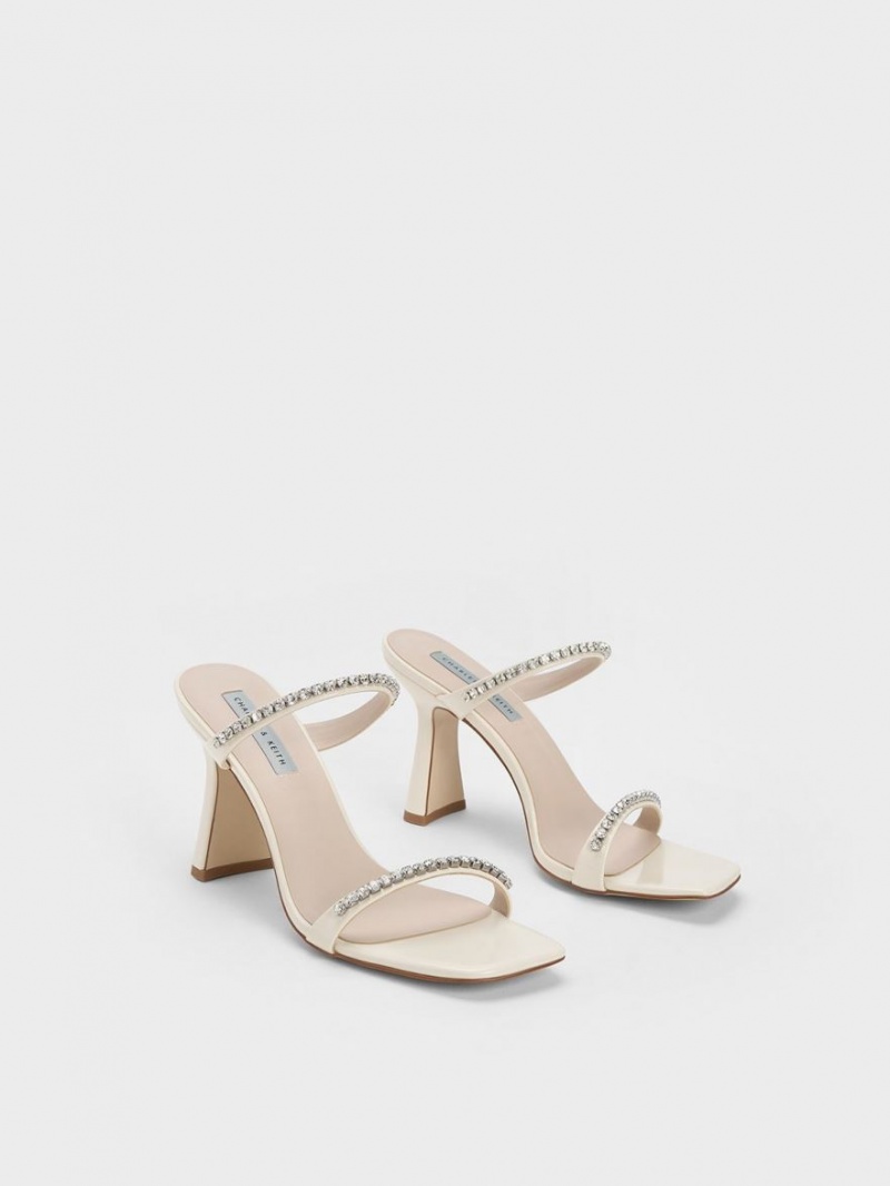 Charles And Keith Patent Gem-Encrusted Heels Sandals White | PHILIPPINES J325