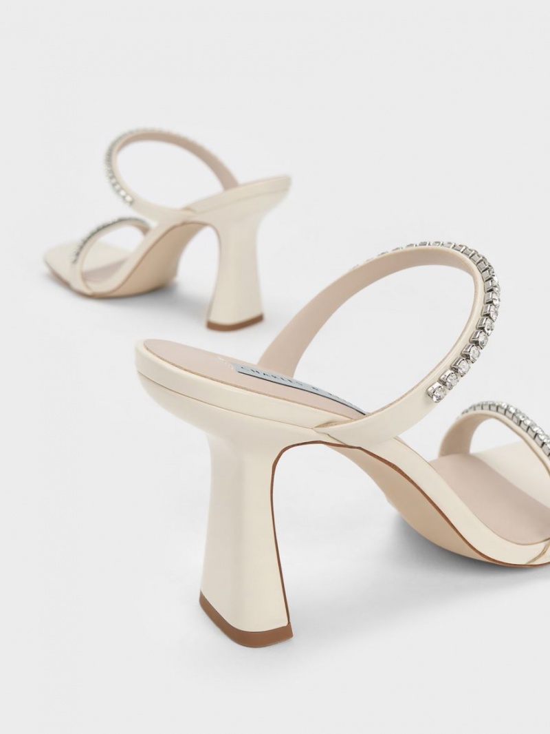 Charles And Keith Patent Gem-Encrusted Heels Sandals White | PHILIPPINES J325