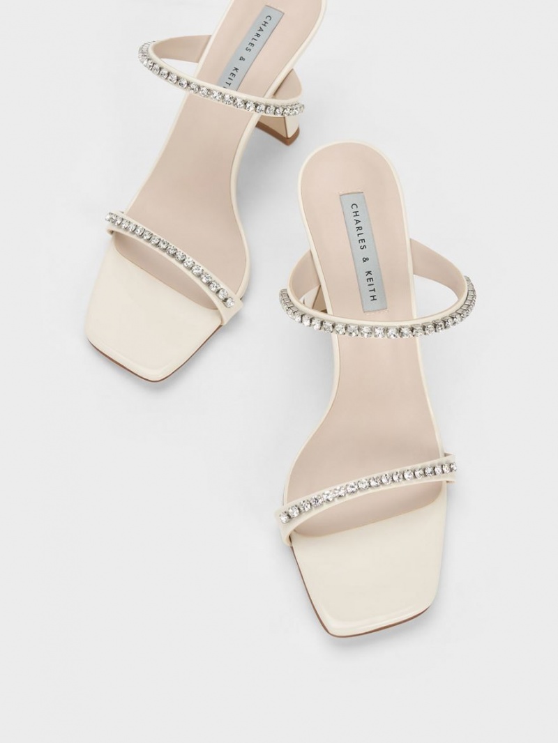 Charles And Keith Patent Gem-Encrusted Heels Sandals White | PHILIPPINES J325