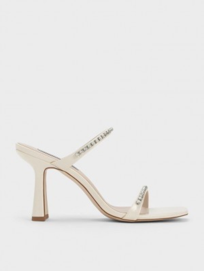 Charles And Keith Patent Gem-Encrusted Heels Sandals White | PHILIPPINES J325