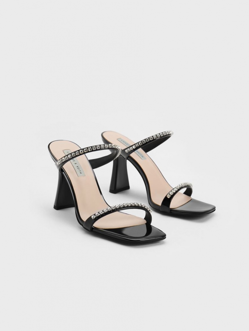 Charles And Keith Patent Gem-Encrusted Heels Sandals Black | PHILIPPINES A380