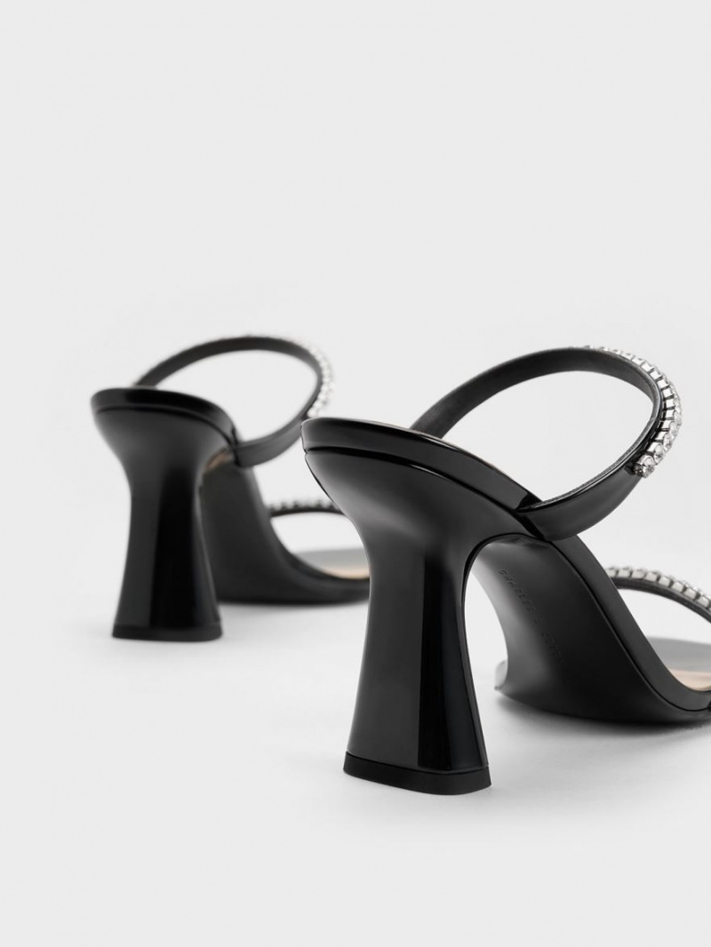 Charles And Keith Patent Gem-Encrusted Heels Sandals Black | PHILIPPINES A380