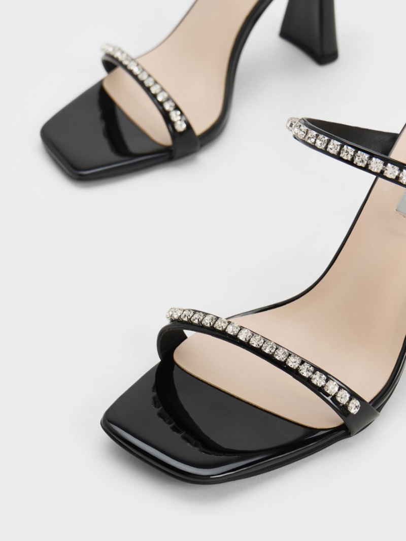 Charles And Keith Patent Gem-Encrusted Heels Sandals Black | PHILIPPINES A380