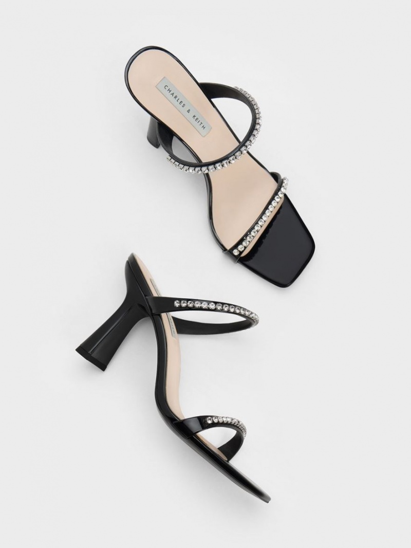 Charles And Keith Patent Gem-Encrusted Heels Sandals Black | PHILIPPINES A380