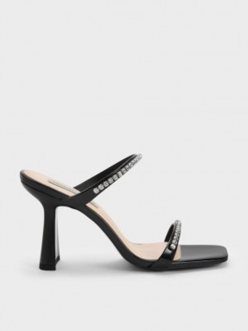 Charles And Keith Patent Gem-Encrusted Heels Sandals Black | PHILIPPINES A380