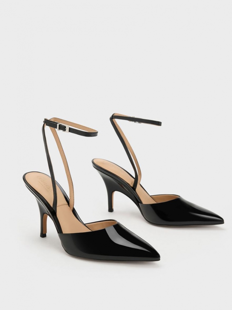 Charles And Keith Patent Leather Ankle Strap Pumps Black | PHILIPPINES Y914