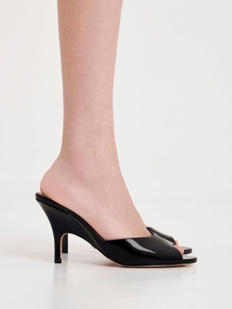 Charles And Keith Patent Leather Round-Toe Heeled Mules Black | PHILIPPINES I536