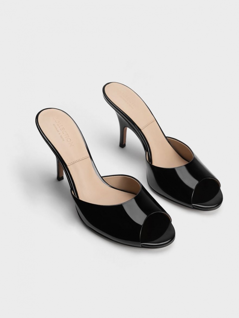 Charles And Keith Patent Leather Round-Toe Heeled Mules Black | PHILIPPINES I536