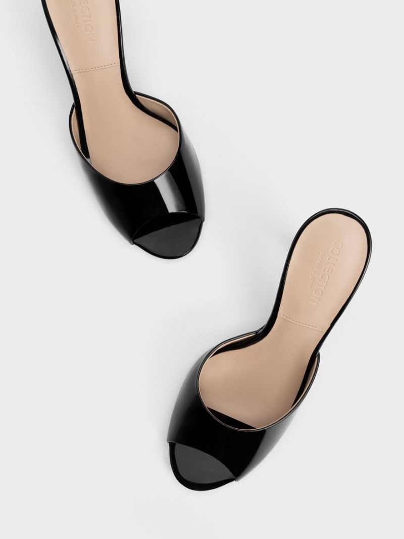 Charles And Keith Patent Leather Round-Toe Heeled Mules Black | PHILIPPINES I536