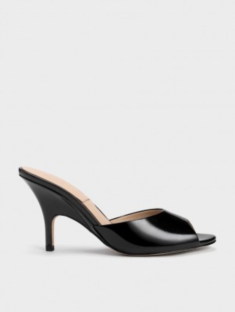 Charles And Keith Patent Leather Round-Toe Heeled Mules Black | PHILIPPINES I536