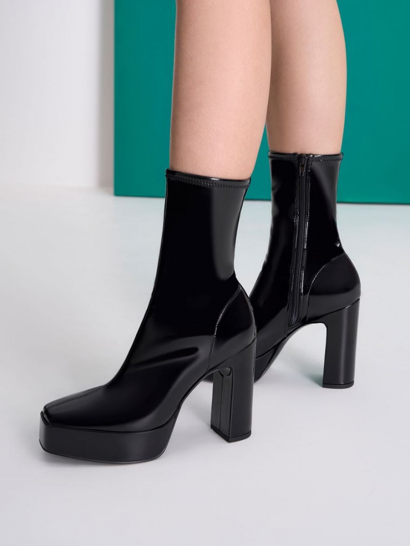 Charles And Keith Patent Platform Block Heel Ankle Boots Black | PHILIPPINES O297