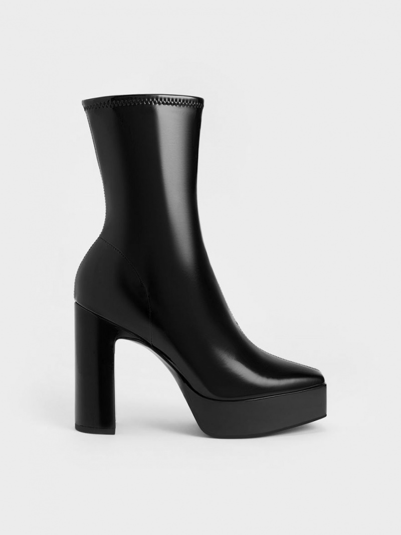 Charles And Keith Patent Platform Block Heel Ankle Boots Black | PHILIPPINES O297