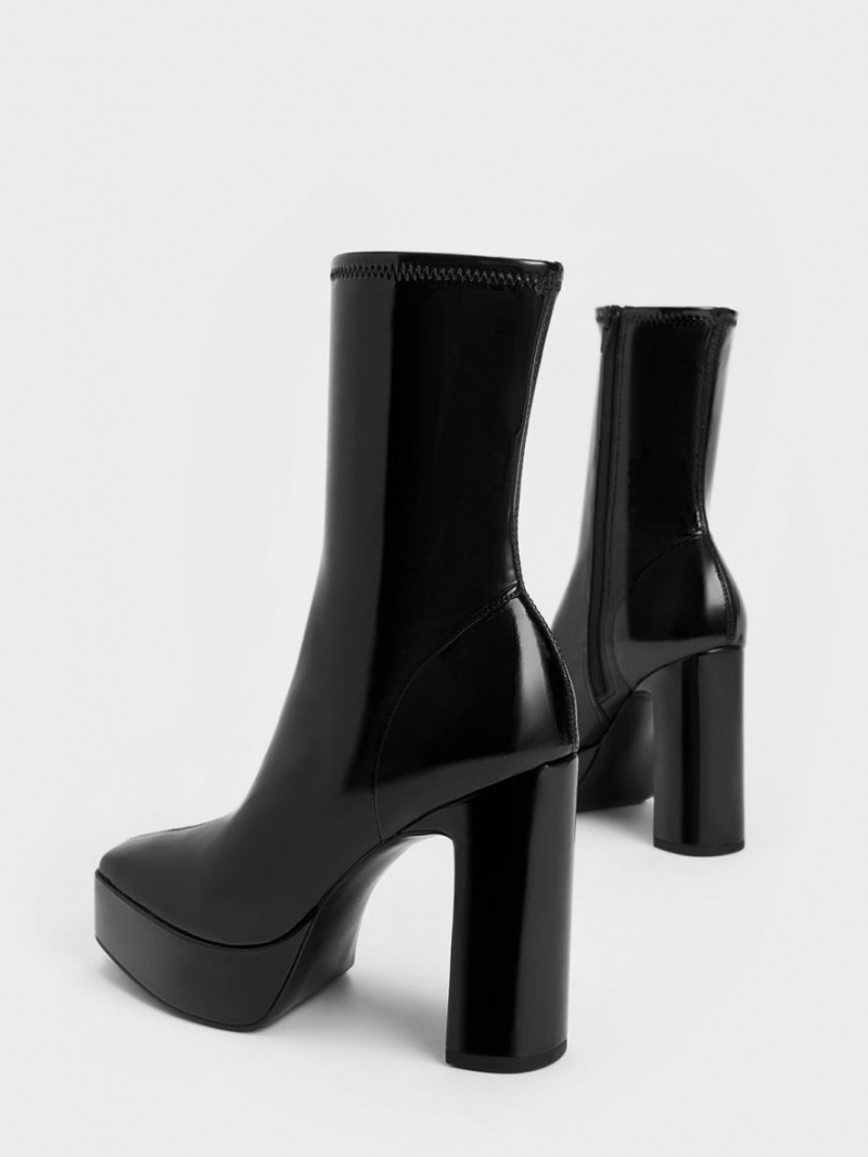 Charles And Keith Patent Platform Block Heel Ankle Boots Black | PHILIPPINES O297