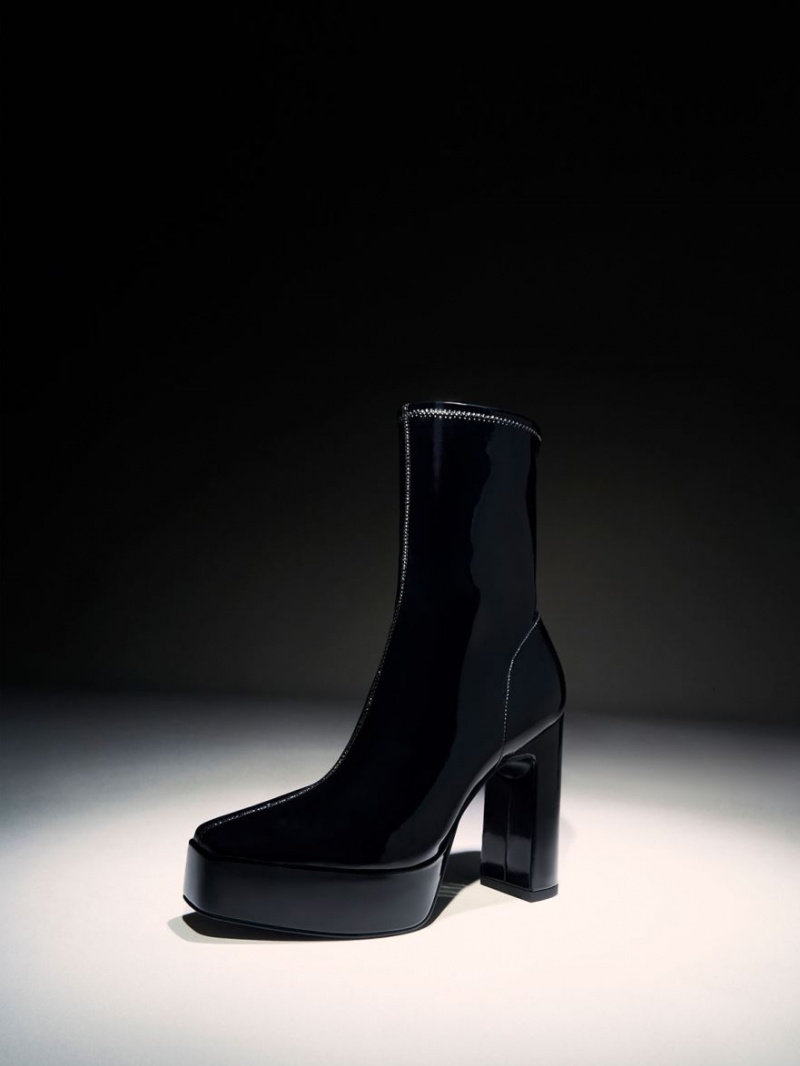 Charles And Keith Patent Platform Block Heel Ankle Boots Black | PHILIPPINES O297