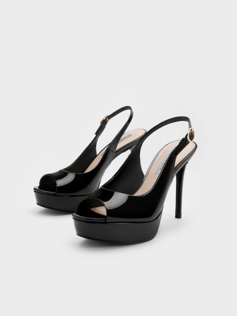 Charles And Keith Patent Platform Slingback Heels Sandals Black | PHILIPPINES S416