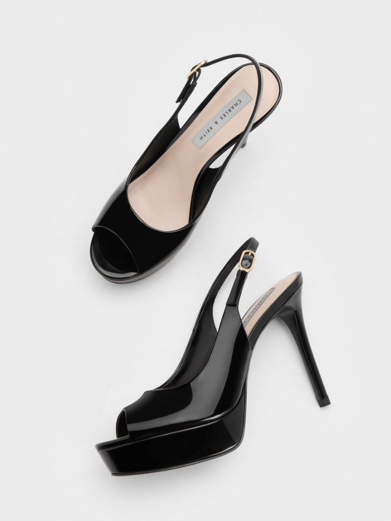 Charles And Keith Patent Platform Slingback Heels Sandals Black | PHILIPPINES S416