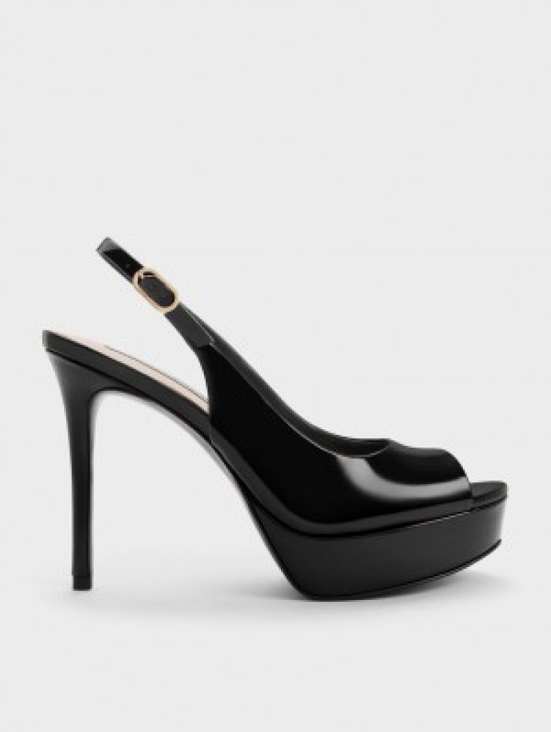 Charles And Keith Patent Platform Slingback Heels Sandals Black | PHILIPPINES S416