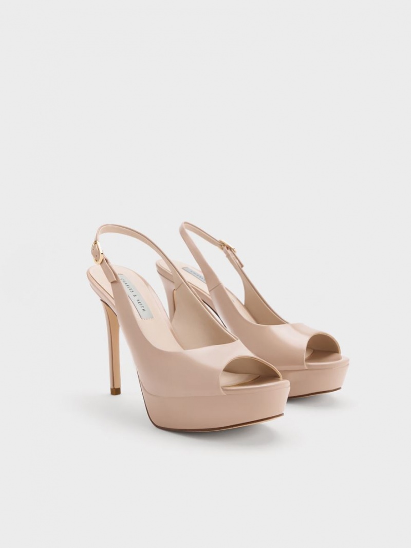 Charles And Keith Patent Platform Slingback Heels Sandals Beige | PHILIPPINES U173