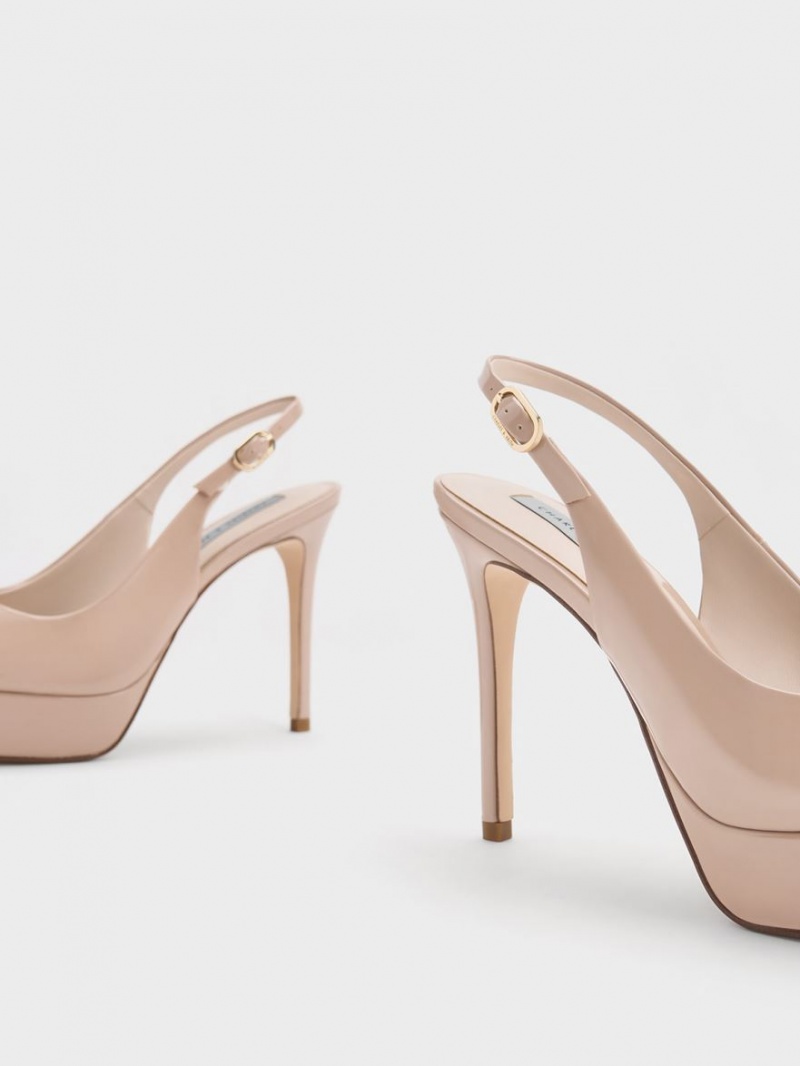 Charles And Keith Patent Platform Slingback Heels Sandals Beige | PHILIPPINES U173