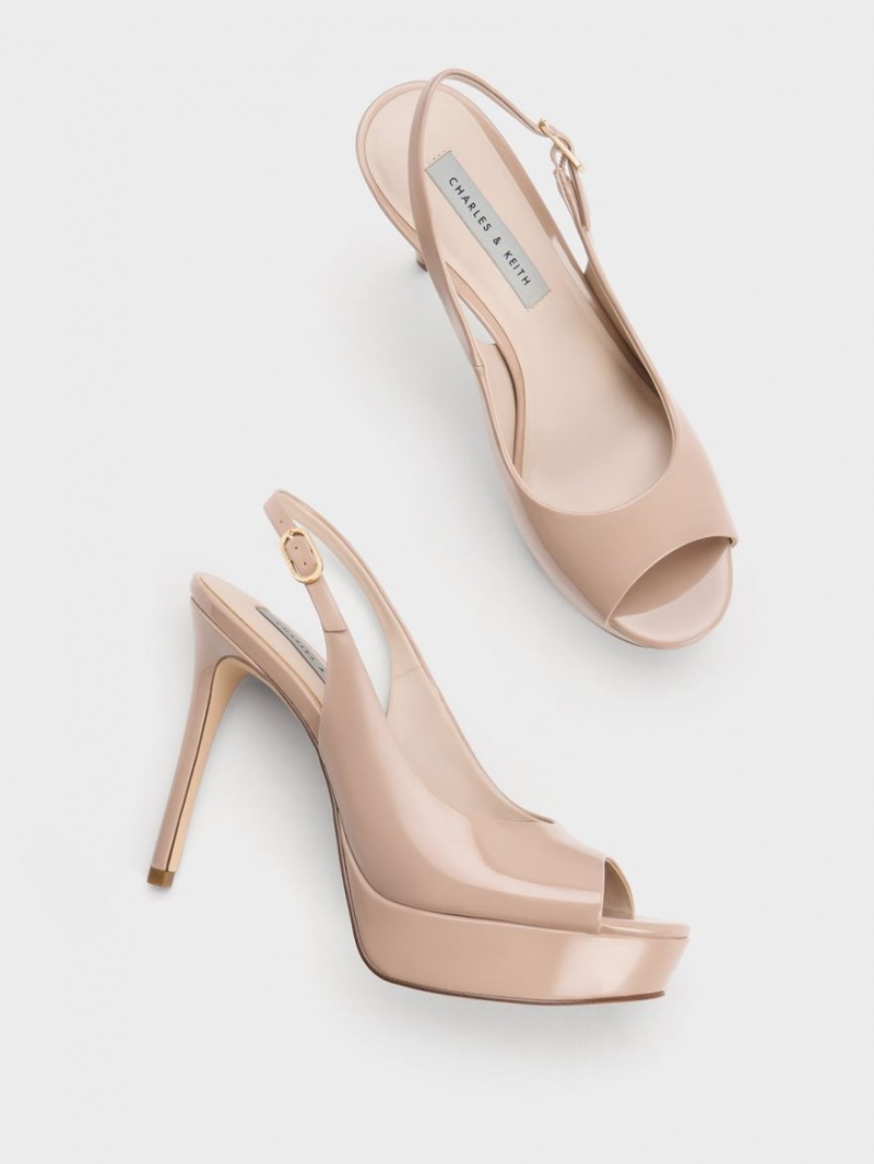 Charles And Keith Patent Platform Slingback Heels Sandals Beige | PHILIPPINES U173