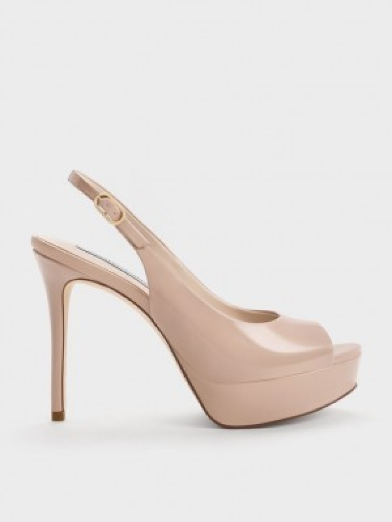 Charles And Keith Patent Platform Slingback Heels Sandals Beige | PHILIPPINES U173