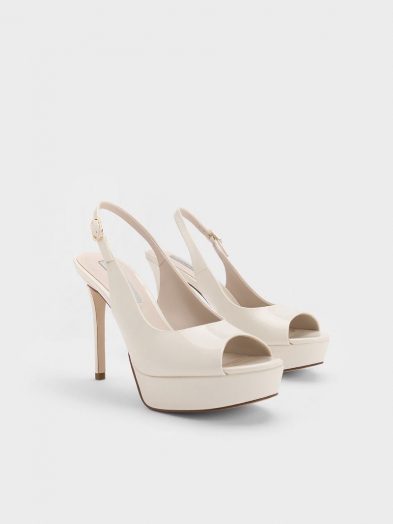 Charles And Keith Patent Platform Slingback Heels Sandals White | PHILIPPINES M482