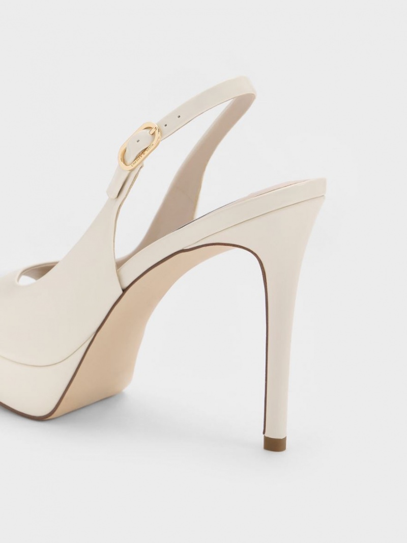 Charles And Keith Patent Platform Slingback Heels Sandals White | PHILIPPINES M482