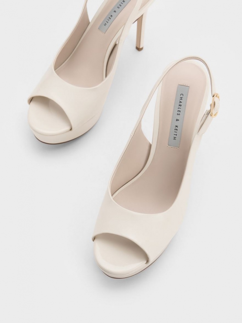 Charles And Keith Patent Platform Slingback Heels Sandals White | PHILIPPINES M482