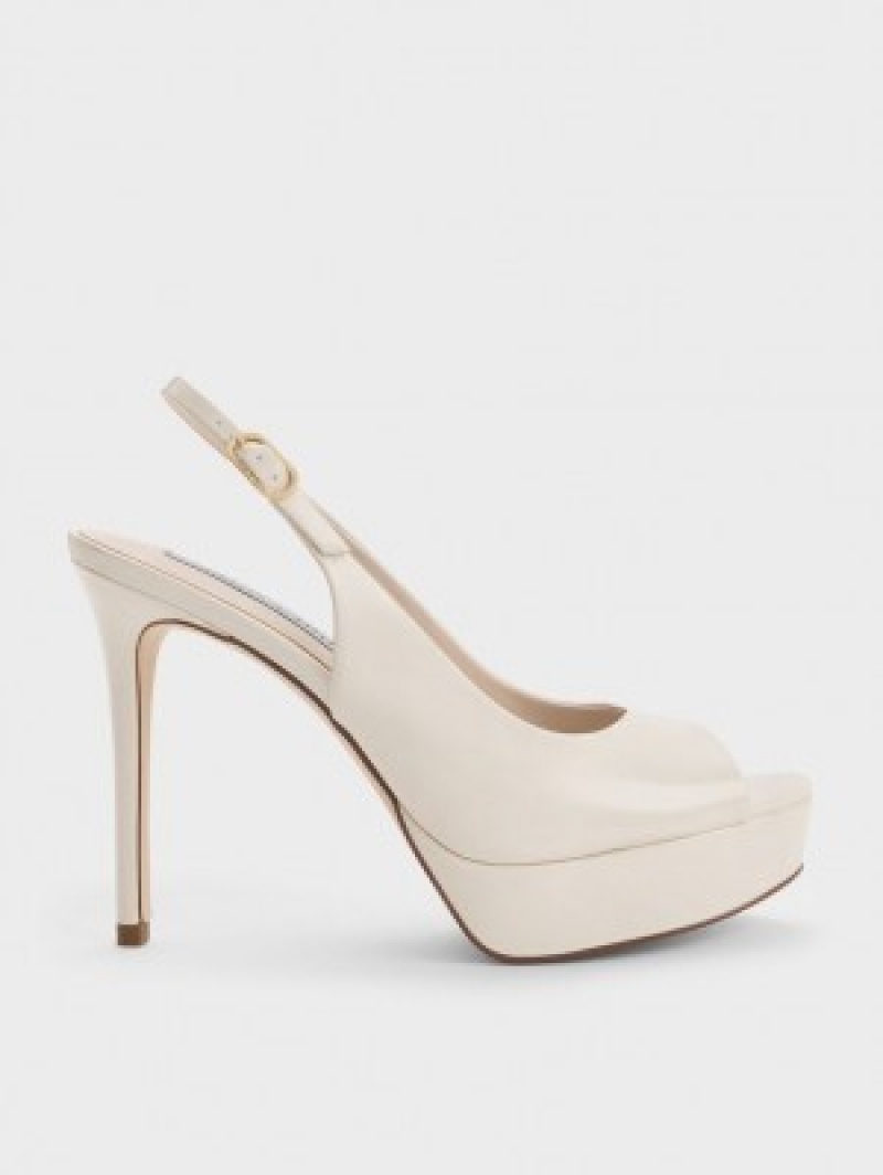 Charles And Keith Patent Platform Slingback Heels Sandals White | PHILIPPINES M482