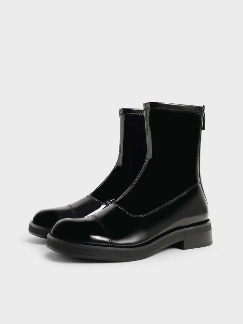 Charles And Keith Patent Round Toe Zip-Up Ankle Boots Black | PHILIPPINES N785