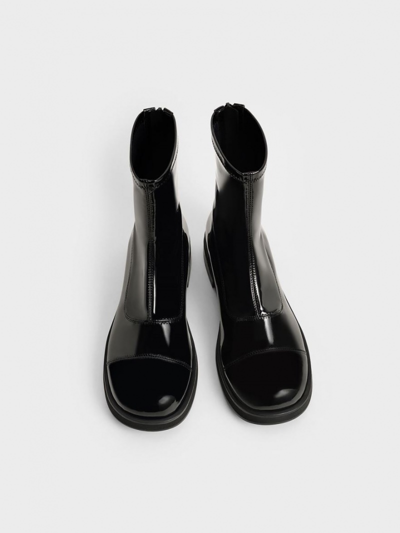 Charles And Keith Patent Round Toe Zip-Up Ankle Boots Black | PHILIPPINES N785