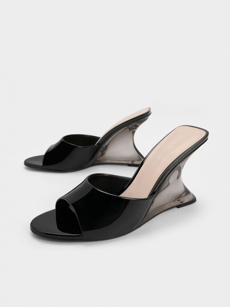 Charles And Keith Patent Sculptural Heel Wedges Black | PHILIPPINES X849