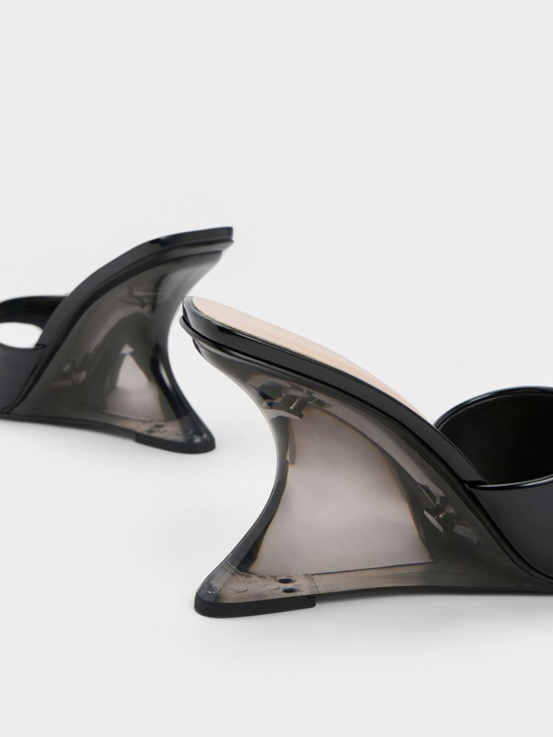 Charles And Keith Patent Sculptural Heel Wedges Black | PHILIPPINES X849