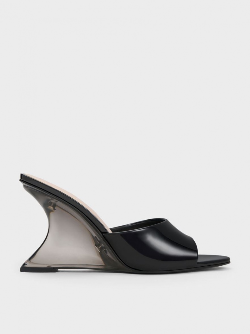 Charles And Keith Patent Sculptural Heel Wedges Black | PHILIPPINES X849