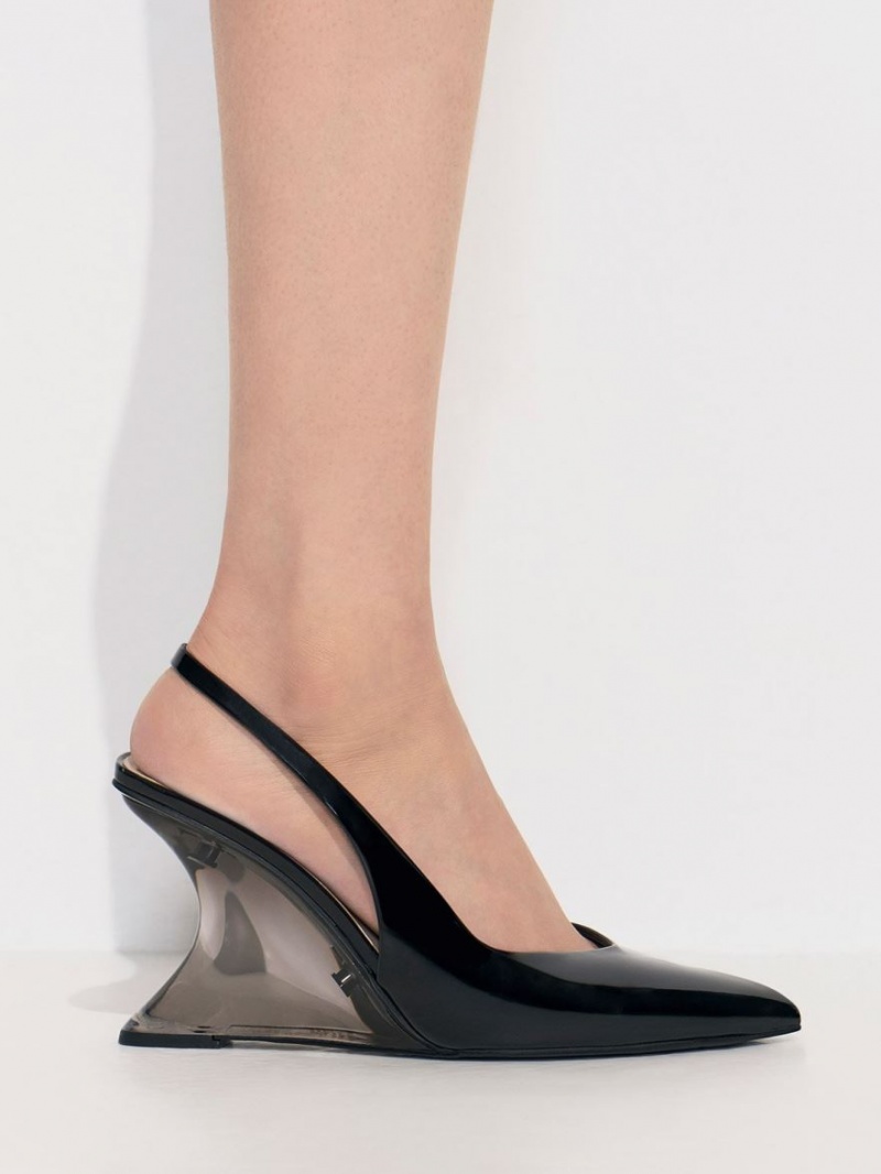 Charles And Keith Patent Sculptural Slingback Wedges Black | PHILIPPINES T568