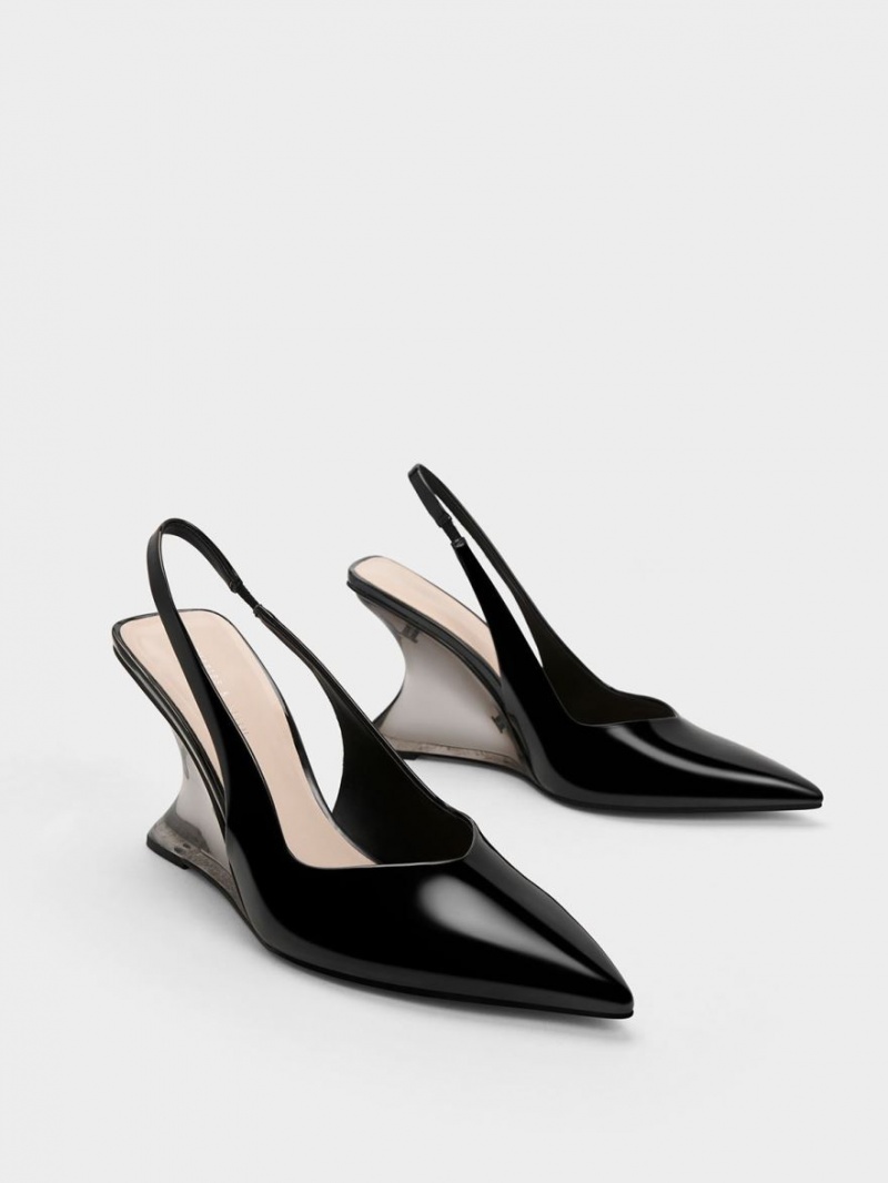 Charles And Keith Patent Sculptural Slingback Wedges Black | PHILIPPINES T568