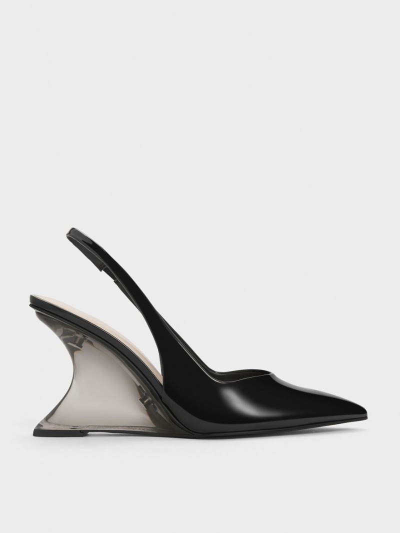 Charles And Keith Patent Sculptural Slingback Wedges Black | PHILIPPINES T568