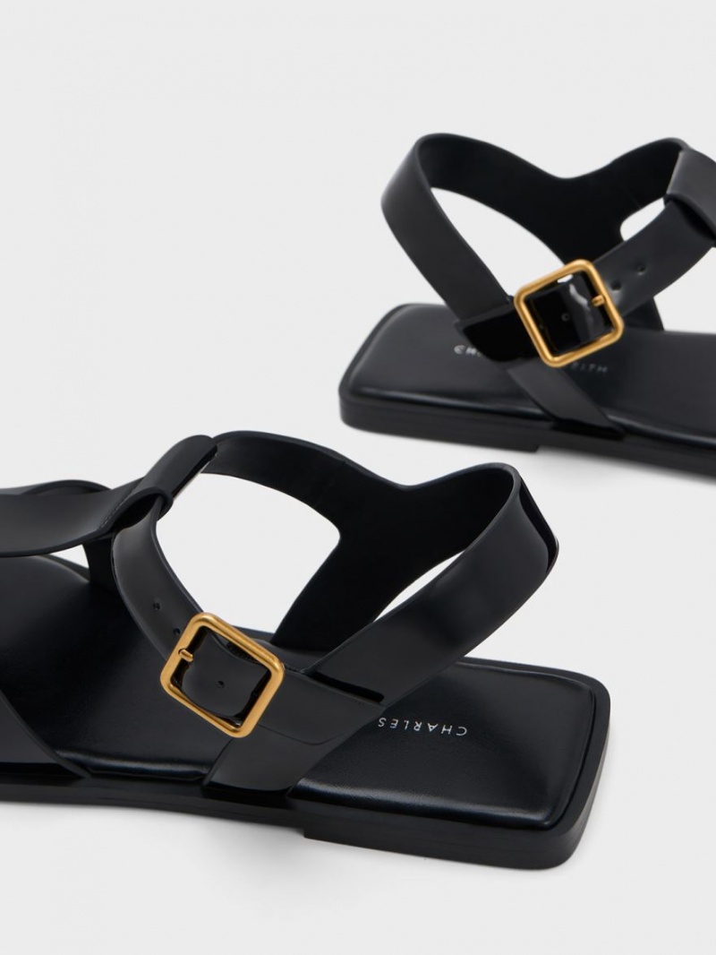 Charles And Keith Patent Strappy Crossover Flat Sandals Black | PHILIPPINES Z483